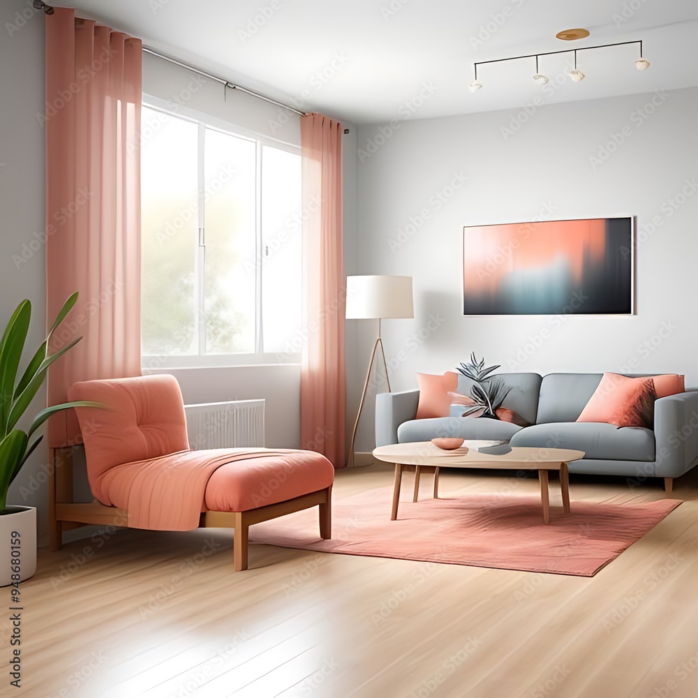 Fototapeta premium Modern living room with coral worn-effect wall.