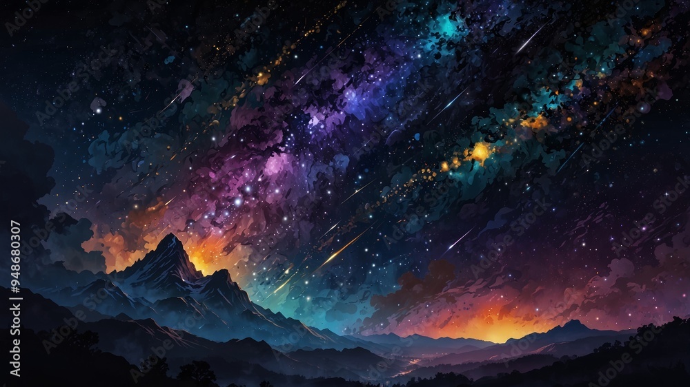 Fototapeta premium Night Sky with Shooting Stars and Mountains
