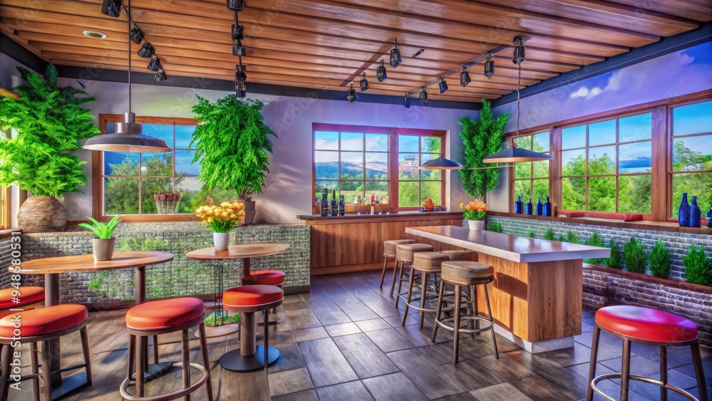 Fototapeta premium Realistic stock photography of a modern pancake house bar with a vintage twist, featuring a polished wooden counter with stacks of fluffy pancakes, glass syrup bottles, and retro diner stoolsRealistic