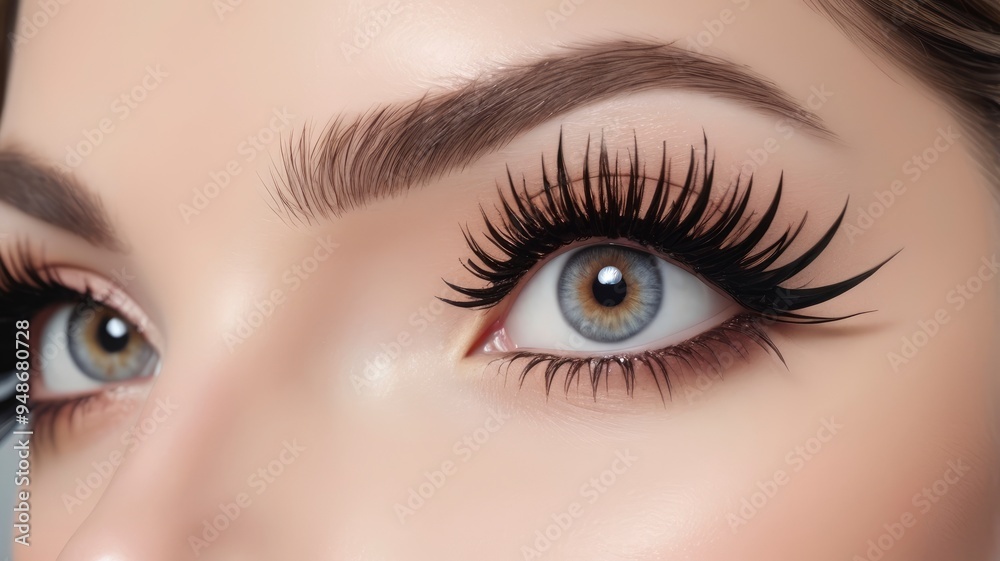 Obraz premium Close up of eye with extreme false lashes, beauty cosmetics real photo 4k more sharp