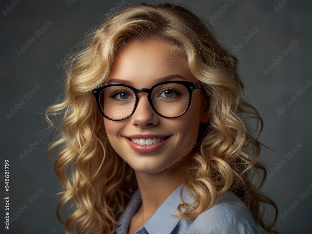 Obraz premium Confident young blonde model with glasses, curly hair, smiling indoors 