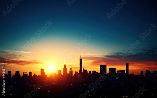 A stunning sunset over a city skyline, showcasing silhouettes of skyscrapers against a vibrant orange and blue sky.