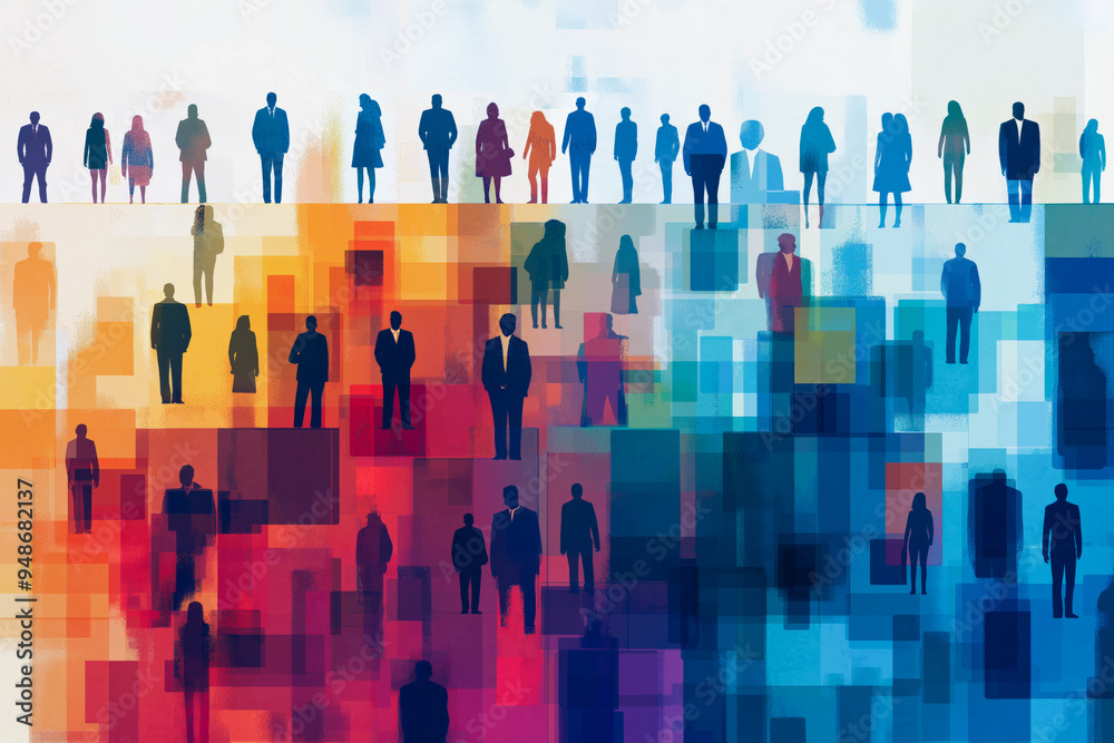 Abstract creative colorful flat illustration featuring social communication, networking, community, drawn silhouettes of urban people. Abstract creative colorful flat illustration featuring social communication, networking, community, drawn silhouettes of urban people.