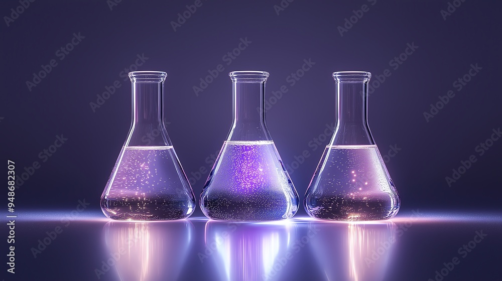 Chemical flasks on a solid grey background with soft lighting Chemical flasks on a solid grey background with soft lighting