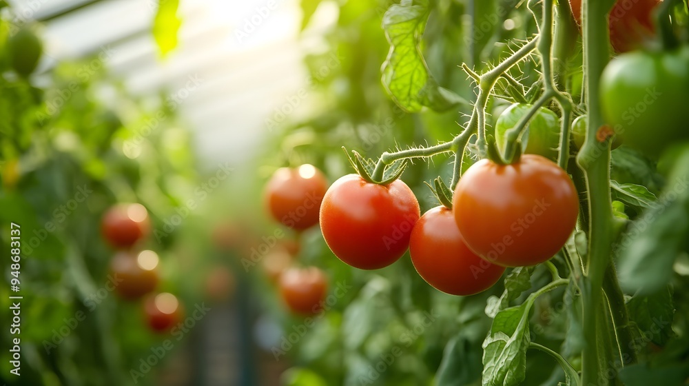 4. **Rows of vibrant tomato plants in a greenhouse, illuminated by natural light. 4. **Rows of vibrant tomato plants in a greenhouse, illuminated by natural light.