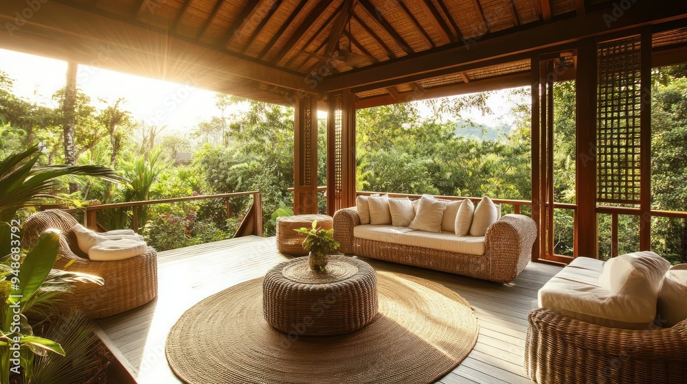 Fototapeta premium A wicker sofa and chairs on a patio overlooking a lush jungle, bathed in warm, golden sunlight.