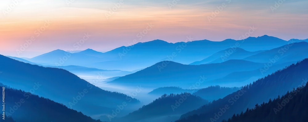 Stunning landscape of rolling blue mountains shrouded in mist at dawn, showcasing the serenity of nature's beauty. Stunning landscape of rolling blue mountains shrouded in mist at dawn, showcasing the serenity of nature's beauty.
