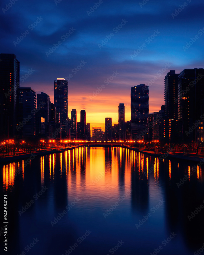 Fototapeta premium Stunning city skyline at twilight, reflecting vibrant colors in the water, creating a serene urban atmosphere.