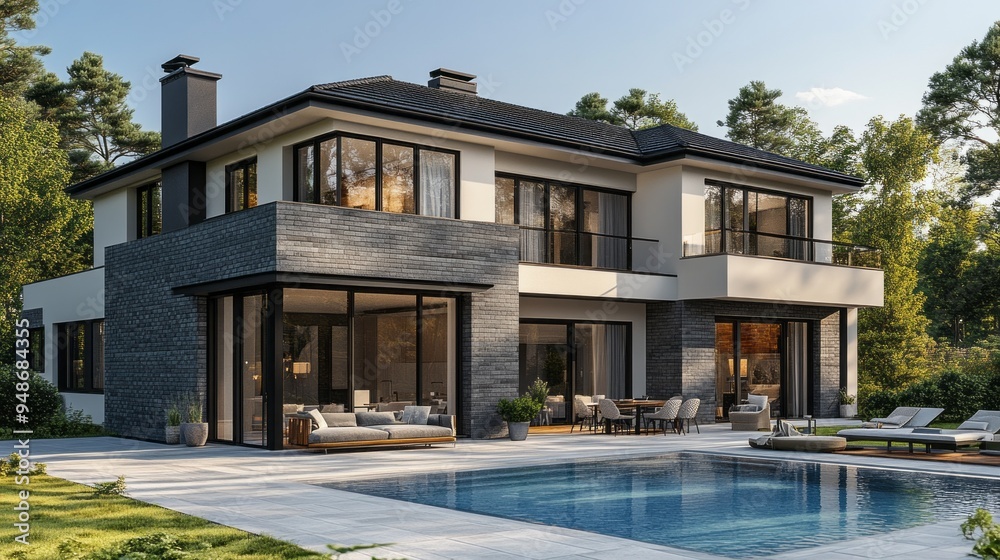 A large house with a pool and a patio A large house with a pool and a patio