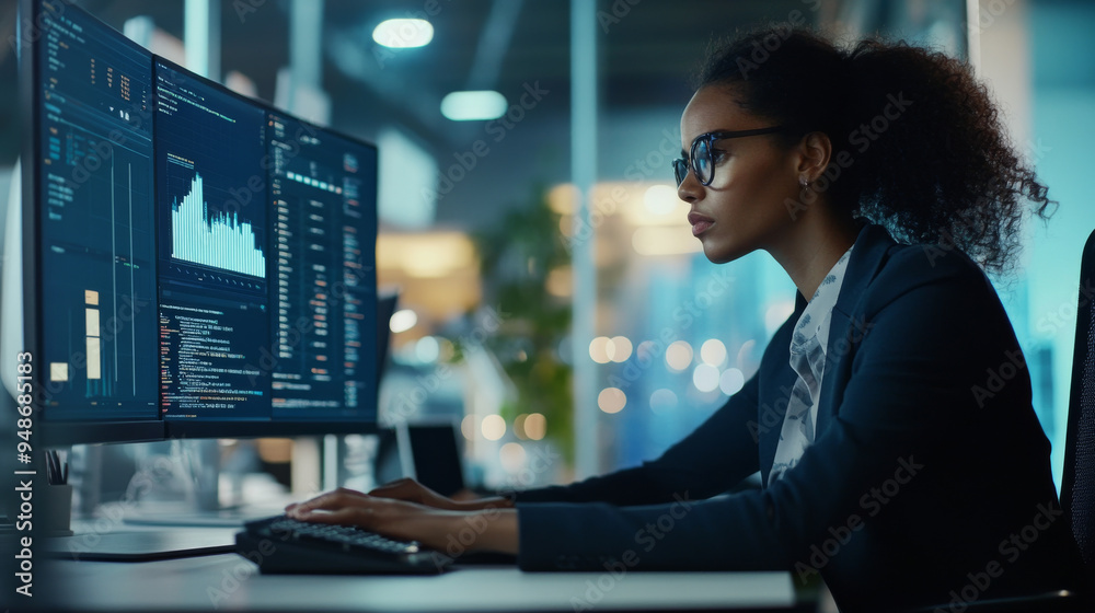 Businesswoman using a computer to review data Businesswoman using a computer to review data