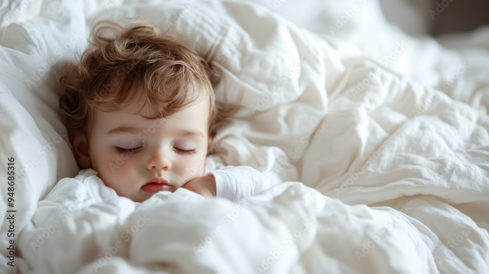 A peaceful baby with curly hair sleeps soundly under soft, white blankets. The serene atmosphere exudes warmth and innocence, capturing a timeless moment of tranquility.