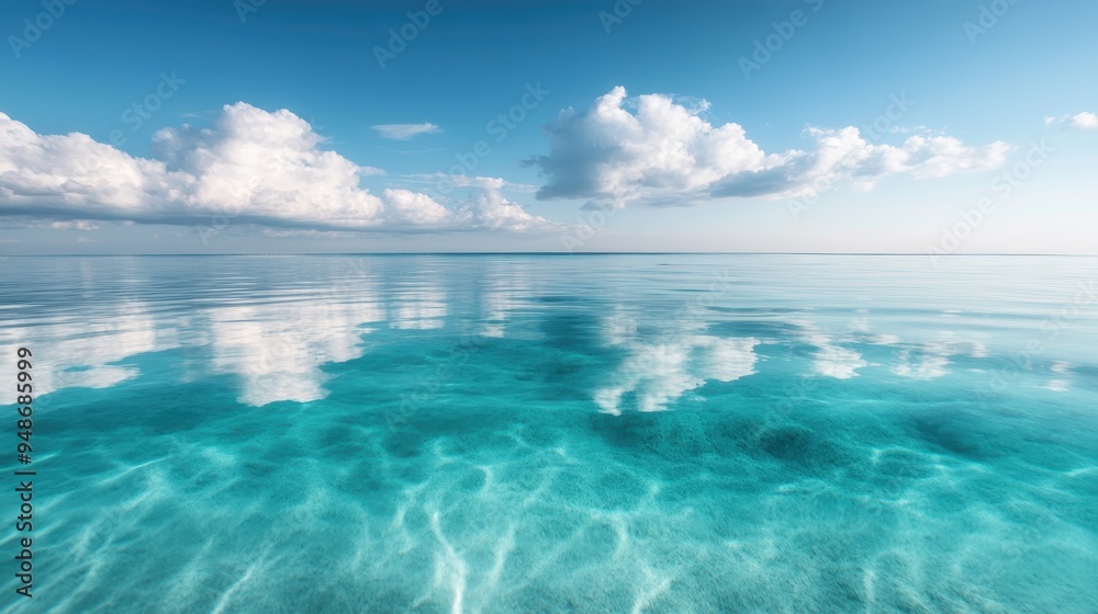 Crystal clear turquoise ocean water beneath a bright blue sky with fluffy clouds, creating an idyllic and tranquil seascape perfect for relaxation. Crystal clear turquoise ocean water beneath a bright blue sky with fluffy clouds, creating an idyllic and tranquil seascape perfect for relaxation.