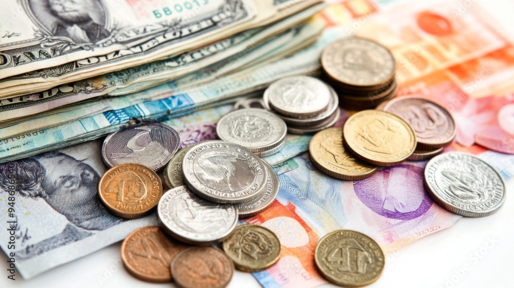 A stack of various currency notes and coins arranged neatly on a white background, highlighting the diversity and value of different currencies. A stack of various currency notes and coins arranged neatly on a white background, highlighting the diversity and value of different currencies.