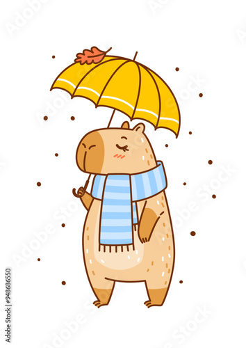 Cute сartoon capybara with umbrella isolated on white - funny animal for Your cozy autumn design