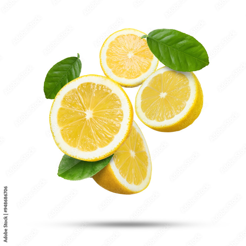 Fresh juicy lemons and green leaves falling on white background