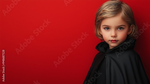 Child wearing a vampire cape with fangs peeking out, dramatic pose on a solid red background