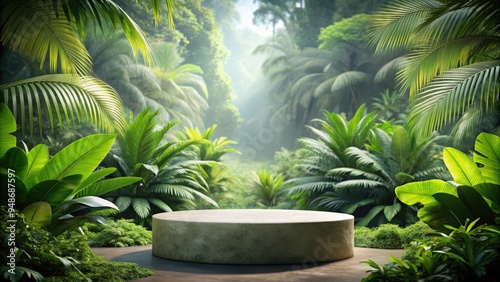 Fototapeta Naklejka Na Ścianę i Meble -  Stone podium set against a lush tropical jungle backdrop for product display , tropical, jungle, stone, podium, display