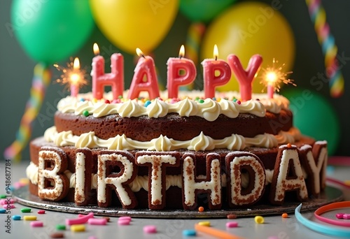 Fun Birthday Cake with Letter Candles and Colorful Decorations