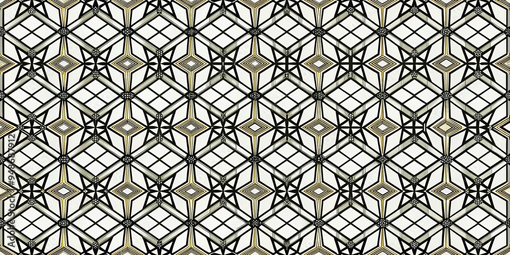 Fototapeta premium Geometric Interlocking Stars Black and Gold Pattern, Vector Illustration, Art Deco, Pattern, Repeat