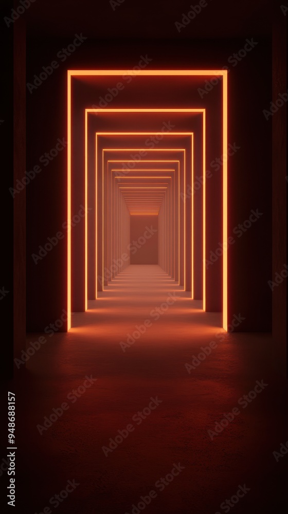 An illuminated hallway featuring a series of orange light frames creating a mesmerizing depth effect. An illuminated hallway featuring a series of orange light frames creating a mesmerizing depth effect.