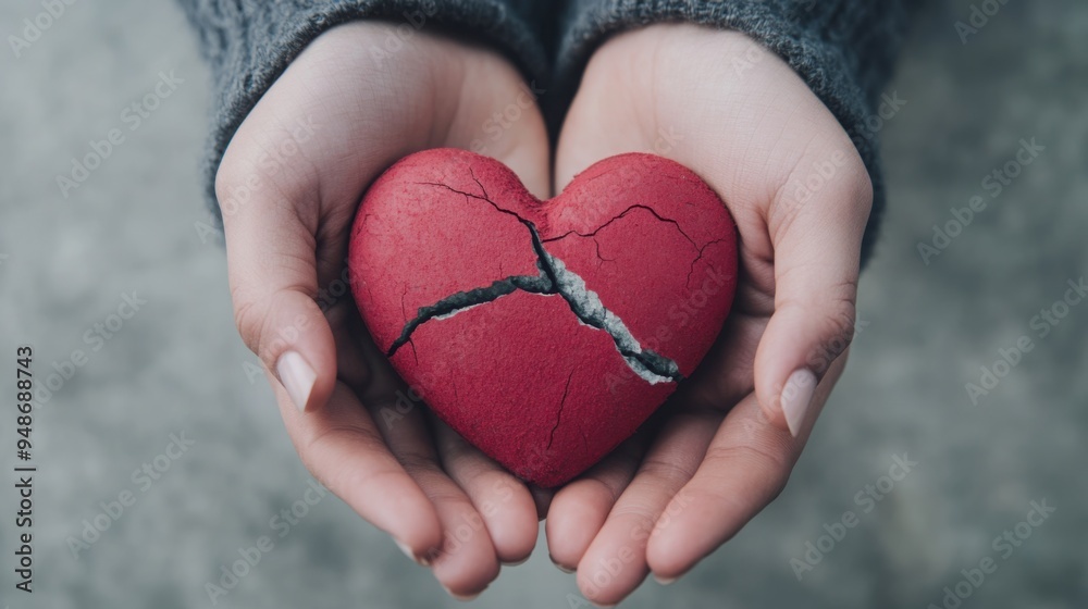 Fototapeta premium A close-up of hands gently holding a cracked but mending heart, symbolizing the fragile but resilient nature of healing from grief.
