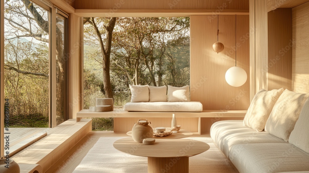 Fototapeta premium Minimalist living room with large windows overlooking a forest.