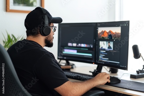 Content creator is editing images on a computer with dual monitors and a tidy desk.