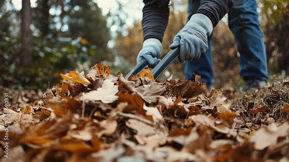 A man with gloved hands rakes and gathers fallen autumn leaves into a pile on the ground. This act represents the concepts of volunteering, cleaning, and ecology, as it involves taking the initiative
