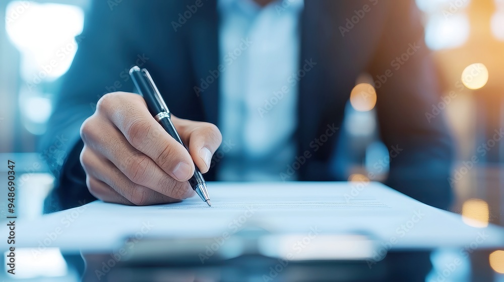 Businessman Signing Contract, a focused scene showcasing a professional in a suit, confidently signing a legal document, emphasizing commitment and business integrity. Businessman Signing Contract, a focused scene showcasing a professional in a suit, confidently signing a legal document, emphasizing commitment and business integrity.
