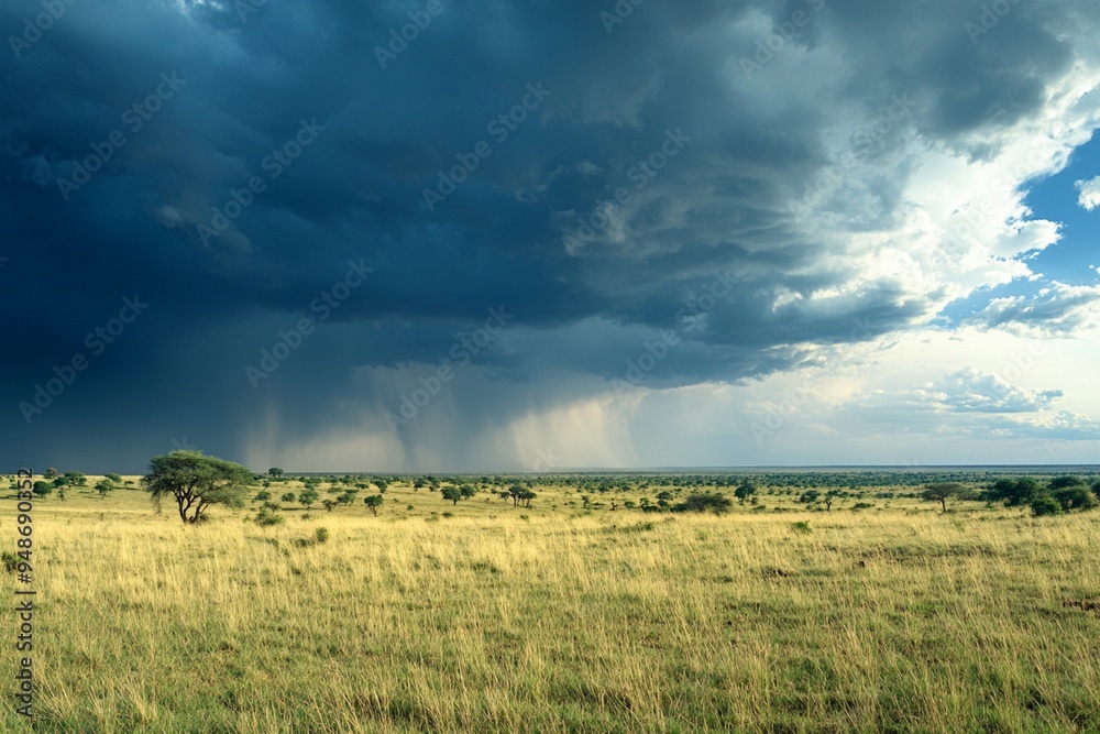 Majestic African Landscape with Dramatic Storm Clouds and Rainfall Majestic African Landscape with Dramatic Storm Clouds and Rainfall