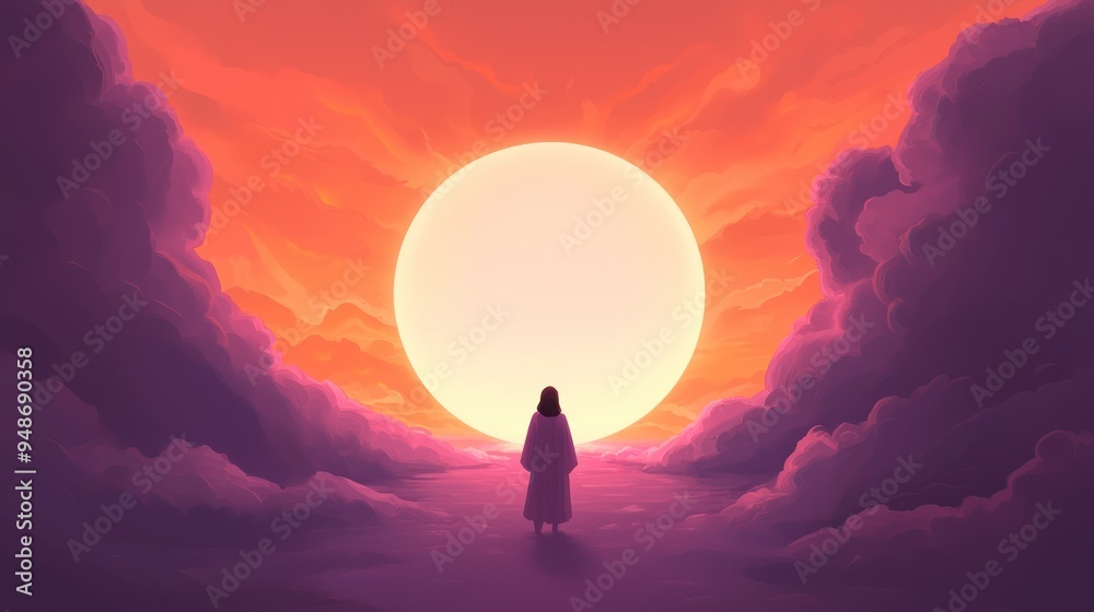 Fototapeta premium A serene figure stands amid vibrant clouds, gazing toward a radiant sunset, evoking peace and reflection in nature.