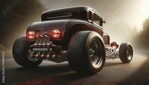 Rear of Hot Rod Car with Custom Taillights and Wide Wheels photo