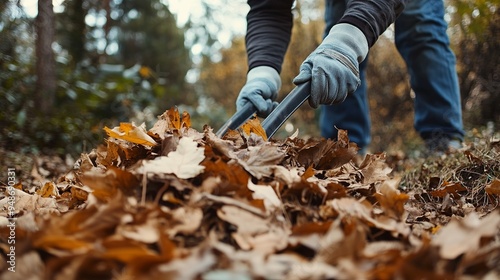 A man with gloved hands rakes and gathers fallen autumn leaves into a pile on the ground. This act represents the concepts of volunteering, cleaning, and ecology, as it involves taking the initiative