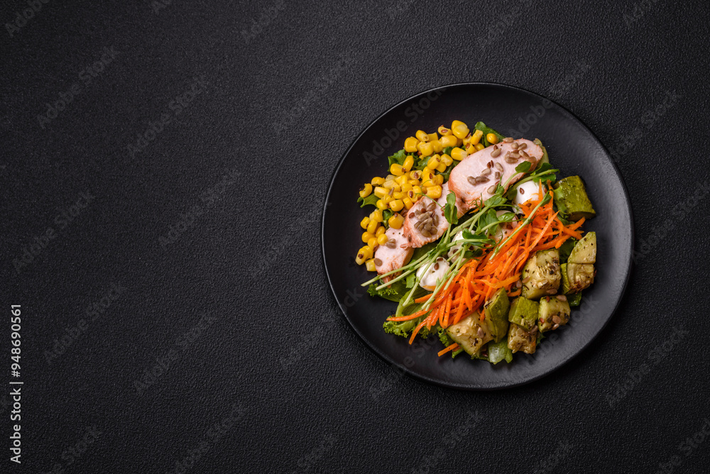 Fresh juicy salad with meat, mozzarella, carrots, lettuce, corn Fresh juicy salad with meat, mozzarella, carrots, lettuce, corn