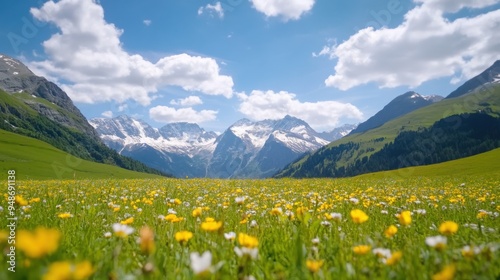 Sun-drenched high-altitude meadow, clear skies, invigorating weather