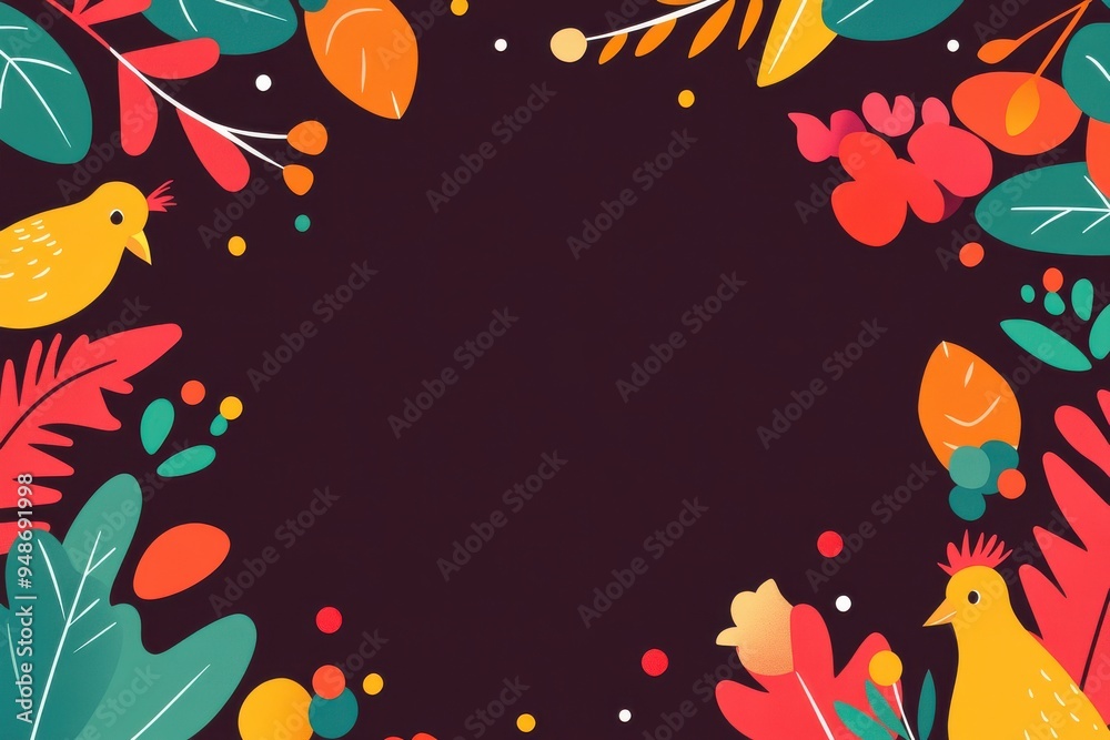 Leafy border with vibrant abstract birds and plants on dark background. Leafy border with vibrant abstract birds and plants on dark background.