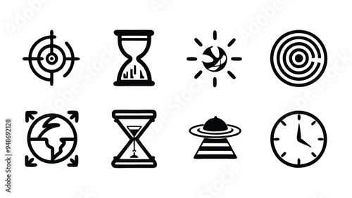 Set of 6 time travel icons in line style target, hourglass, sun with globe, concentric circles, globe with arrows, hourglass, spaceship, clock. photo