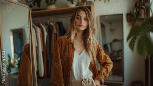 Fashion blogger shows off her outfit in front of a large mirror with a wardrobe behind her. photo