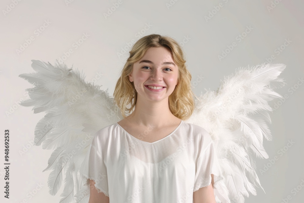 young caucasian blonde woman dressed in a pure white angel costume with feathered wings, exuding joy and elegance. Her bright smile and peaceful demeanor. young caucasian blonde woman dressed in a pure white angel costume with feathered wings, exuding joy and elegance. Her bright smile and peaceful demeanor.