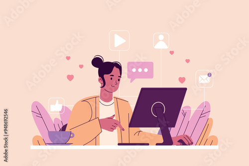 Social network concept with people scene in the flat cartoon design. A person is sitting at a computer and various social network icons are displayed around them. Vector illustration.