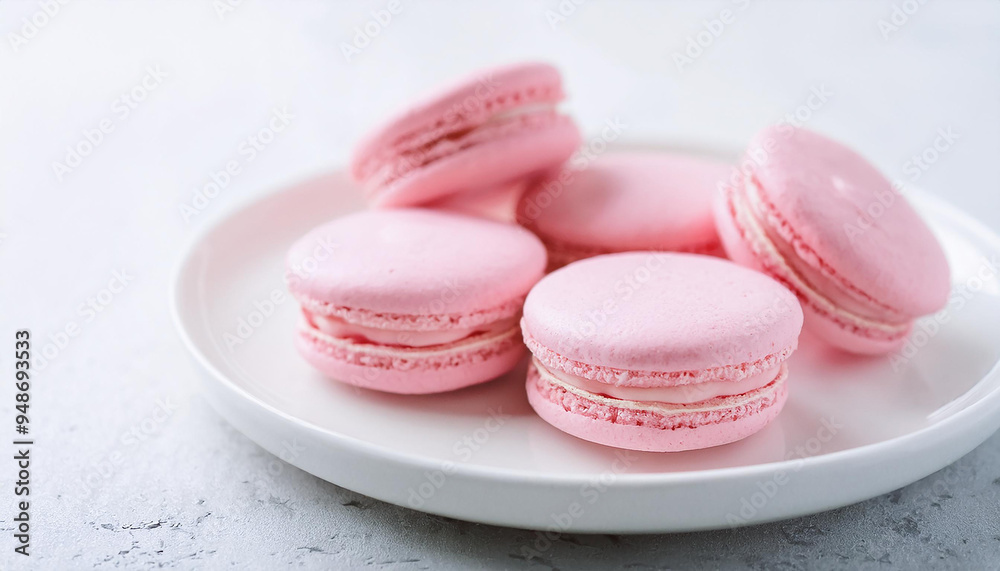 Yellow macaroons in ceramic white plate. Tasty dessert. Sweet food. Traditional French bakery snack.