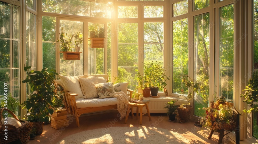 Fototapeta premium Sunlit bay window with cozy seating, plants, and a wicker basket.