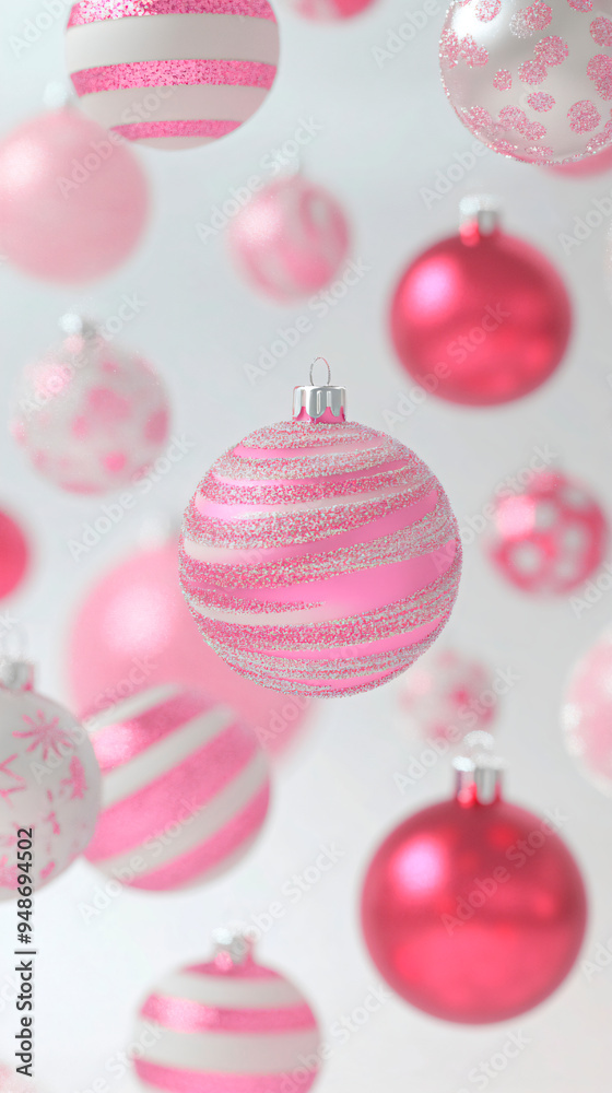 A background of pink and white Christmas ornaments floating in the air, against an isolated white backdrop. A background of pink and white Christmas ornaments floating in the air, against an isolated white backdrop.