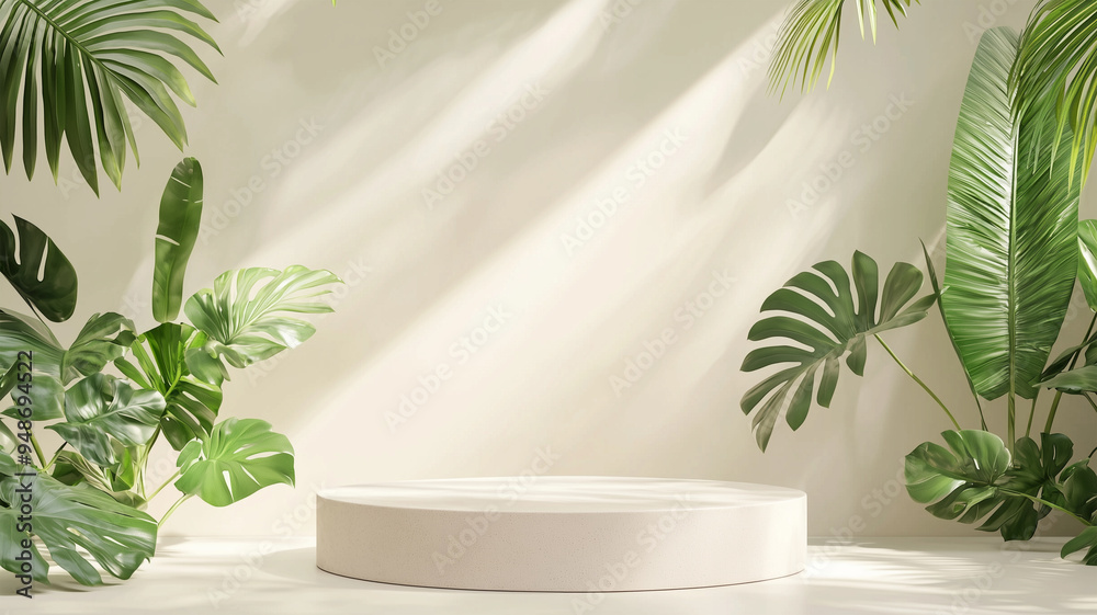 Minimalist Product Display Podium with Tropical Greenery in Natural Light Minimalist Product Display Podium with Tropical Greenery in Natural Light