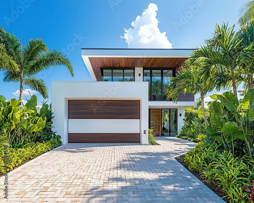 Modern Miami home with a sleek white and brown garage door