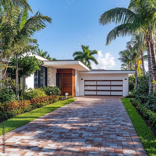 Modern Miami home with a brick driveway framed by manicured landscaping and palm trees front view showcasing the white and brown garage door in bright daylight