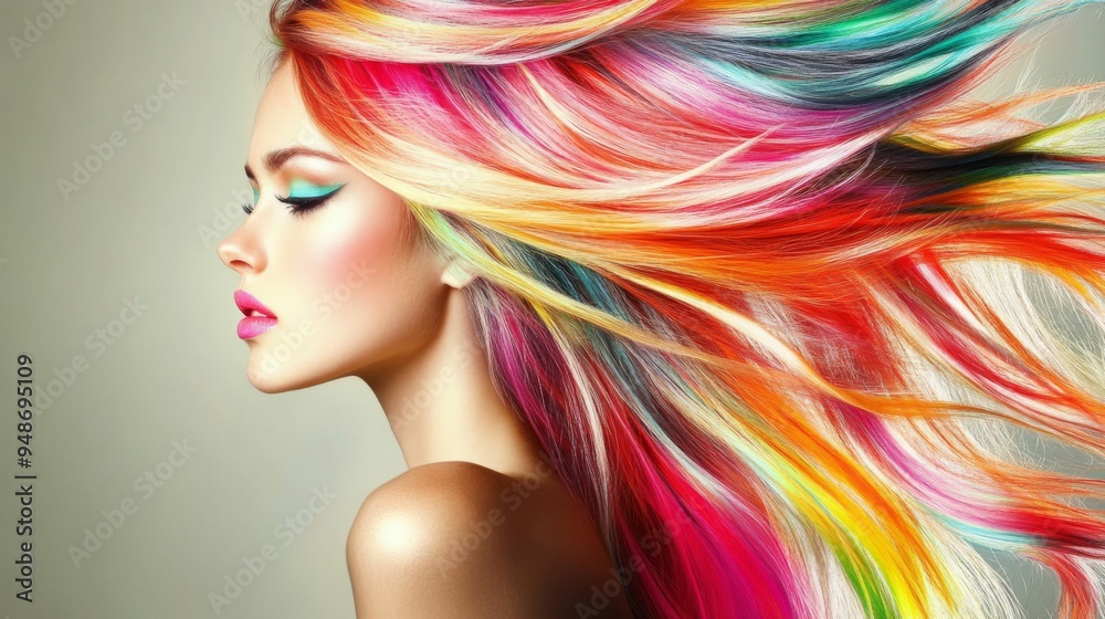 A vibrant image of a woman with brightly colored or highlighted hair, styled in a fashionable cut that enhances the vivid tones and modern style. A vibrant image of a woman with brightly colored or highlighted hair, styled in a fashionable cut that enhances the vivid tones and modern style.