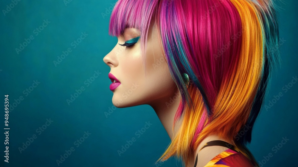 A vibrant image of a woman with brightly colored or highlighted hair, styled in a fashionable cut that enhances the vivid tones and modern style. A vibrant image of a woman with brightly colored or highlighted hair, styled in a fashionable cut that enhances the vivid tones and modern style.