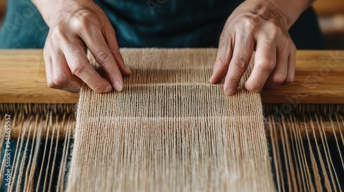 Close-up of skilled hands adjusting threads on a loom, showcasing the intricate craftsmanship of textile weaving.