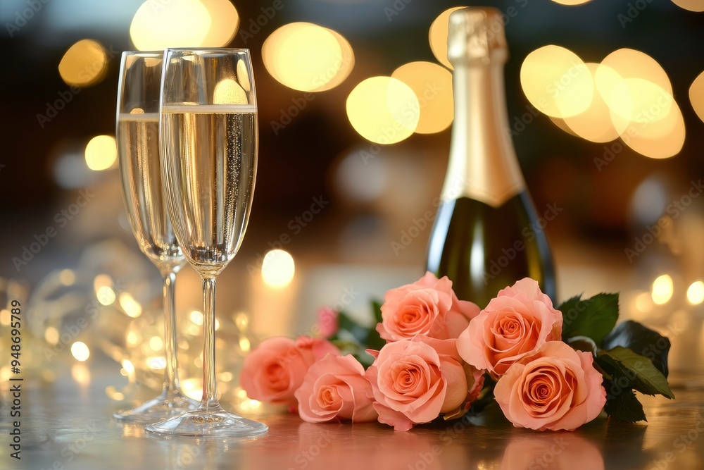 Champagne bottle and roses elegantly arranged on a table, creating a romantic and celebratory ambiance with generative ai Champagne bottle and roses elegantly arranged on a table, creating a romantic and celebratory ambiance with generative ai